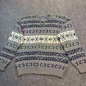Vintage GAP Mens Small Cotton Gray Fair Isle Pullover Grandpa Apres Ski Sweater
